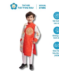 Áo dài cách tân bé trai gấm đỏ phối trắng hiện đại hàng cao cấp CT31