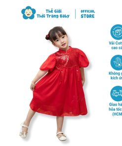 Váy sườn sám đỏ cho bé gái cổ tàu cách điệu hàng cao cấp SE174