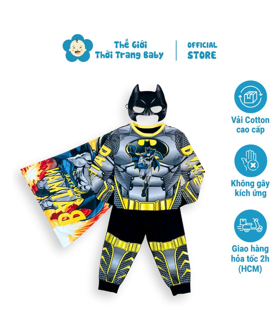 Bộ siêu nhân batman bé trai dài tay kèm choàng và mặt nạ BN188