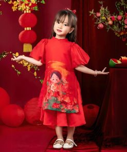 Áo dài cách tân bé gái họa tiết cô tấm cao cấp CT29 từ 10kg đến 35kg