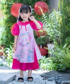 Áo dài bé gái tết 2025 họa tiết Cinnamoroll CT40 tone hồng tơ mềm có chân váy size 10-35kg