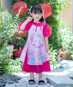 Áo dài bé gái tết 2025 họa tiết Cinnamoroll CT40 tone hồng tơ mềm có chân váy size 10-35kg