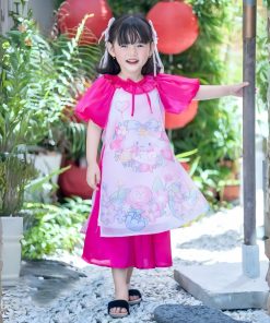 Áo dài bé gái tết 2025 họa tiết Cinnamoroll CT40 tone hồng tơ mềm có chân váy size 10-35kg