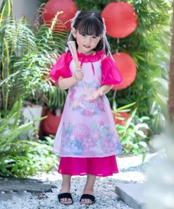 Áo dài bé gái tết 2025 họa tiết Cinnamoroll CT40 tone hồng tơ mềm có chân váy size 10-35kg