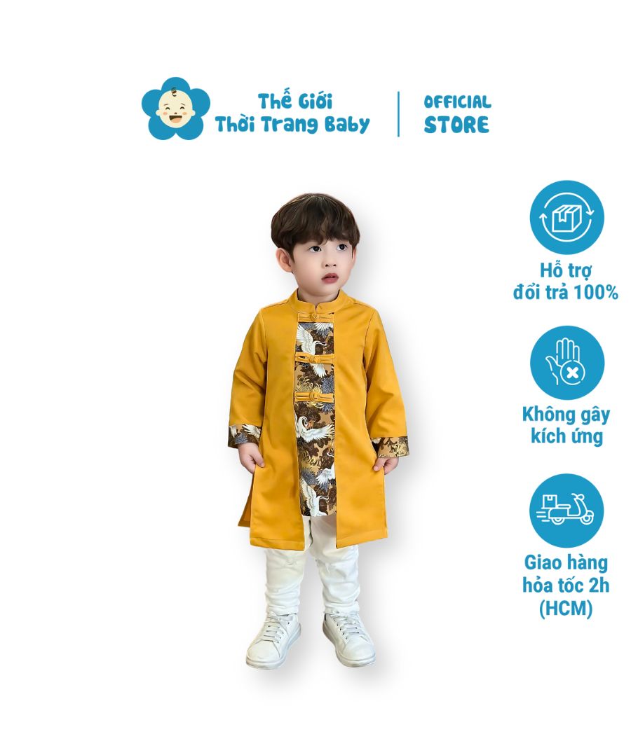 Set áo dài bé trai tết 2025 CT39A họa tiết cò hoa cúc cổ điển tone vàng sang trọng kèm quần kaki trắng cao cấp