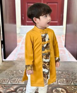 Set áo dài bé trai tết 2025 CT39A họa tiết cò hoa cúc cổ điển tone vàng sang trọng kèm quần kaki trắng cao cấp