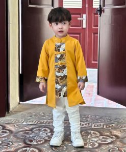 Set áo dài bé trai tết 2025 CT39A họa tiết cò hoa cúc cổ điển tone vàng sang trọng kèm quần kaki trắng cao cấp