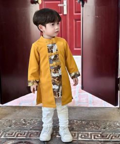 Set áo dài bé trai tết 2025 CT39A họa tiết cò hoa cúc cổ điển tone vàng sang trọng kèm quần kaki trắng cao cấp