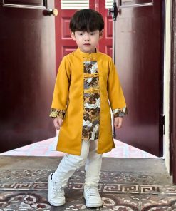 Set áo dài bé trai tết 2025 CT39A họa tiết cò hoa cúc cổ điển tone vàng sang trọng kèm quần kaki trắng cao cấp