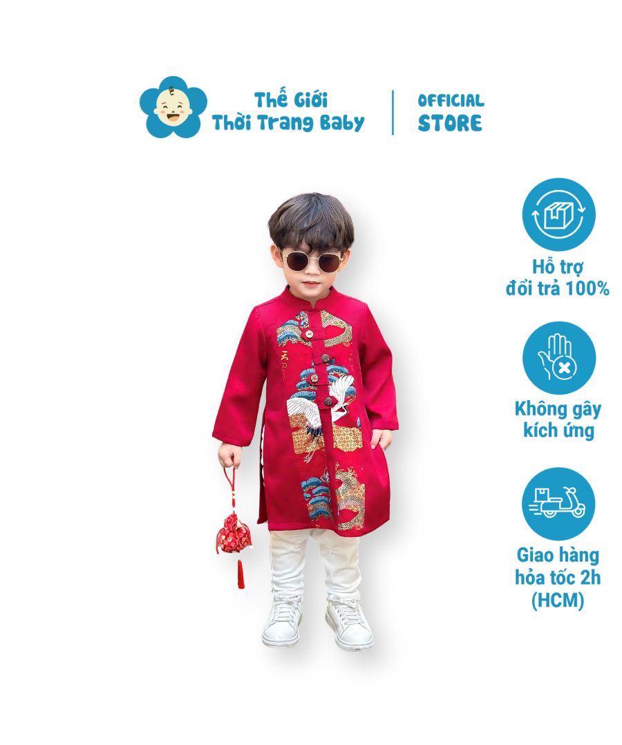 Set áo dài cách tân bé trai tết 2025 CT41A tone đỏ đô họa tiết hạc - rồng - sóng nước kèm quần kaki trắng