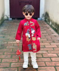 Set áo dài cách tân bé trai tết 2025 CT41A tone đỏ đô họa tiết hạc - rồng - sóng nước kèm quần kaki trắng