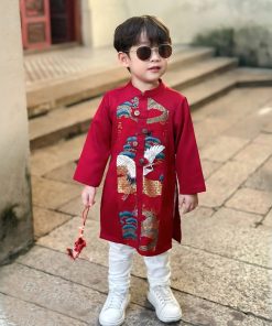 Set áo dài cách tân bé trai tết 2025 CT41A tone đỏ đô họa tiết hạc - rồng - sóng nước kèm quần kaki trắng