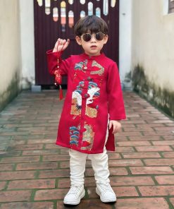 Set áo dài cách tân bé trai tết 2025 CT41A tone đỏ đô họa tiết hạc - rồng - sóng nước kèm quần kaki trắng