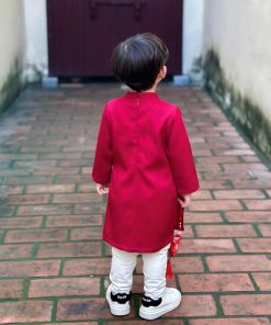 Set áo dài cách tân bé trai tết 2025 CT41A tone đỏ đô họa tiết hạc - rồng - sóng nước kèm quần kaki trắng