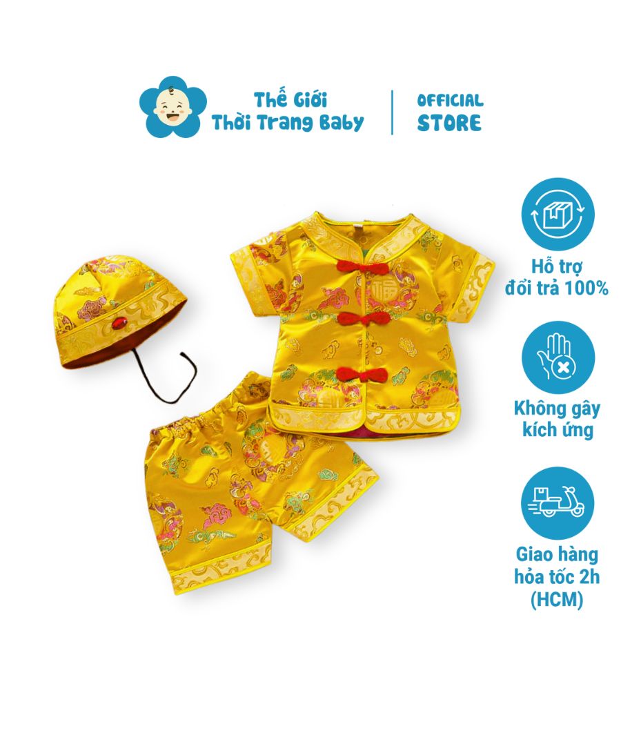 Bộ tết cho bé trai SE173-V1 ngắn tay dưới 3 tuổi vải gấm vàng ánh kim thêu vân mây