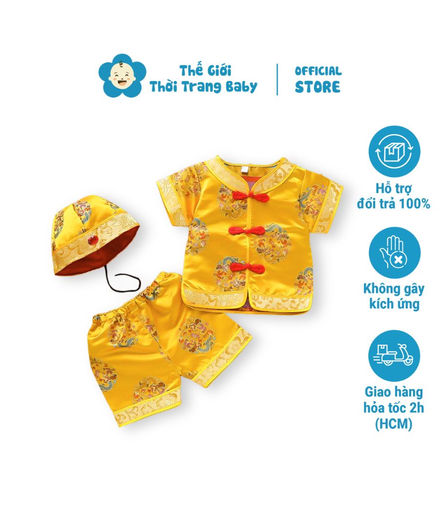 Bộ tết cho bé trai ngắn tay dưới 3 tuổi kèm nón gấm vàng dệt hoa văn SE173-V2