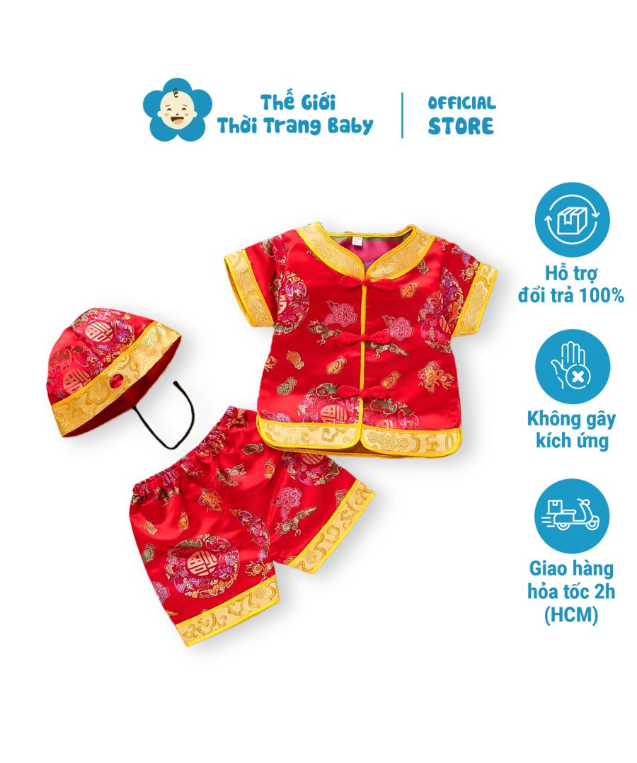 Bộ quần áo tết cho bé trai SE173-Đ2 dưới 3 tuổi ngắn tay kèm nón gấm dệt vân mây