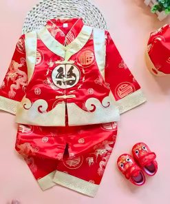 Bộ đồ tết cho bé trai dài tay kèm nón vải gấm đỏ dành cho bé dưới 3 tuổi SE134