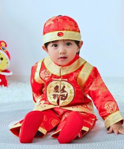 Bộ đồ tết cho bé trai dài tay kèm nón vải gấm đỏ dành cho bé dưới 3 tuổi SE134