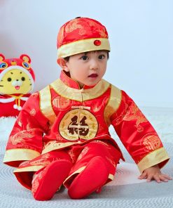 Bộ đồ tết cho bé trai dài tay kèm nón vải gấm đỏ dành cho bé dưới 3 tuổi SE134