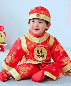 Bộ đồ tết cho bé trai dài tay kèm nón vải gấm đỏ dành cho bé dưới 3 tuổi SE134