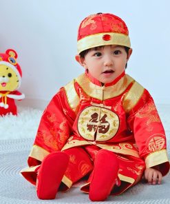 Bộ đồ tết cho bé trai dài tay kèm nón vải gấm đỏ dành cho bé dưới 3 tuổi SE134