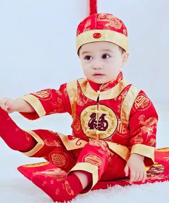 Bộ đồ tết cho bé trai dài tay kèm nón vải gấm đỏ dành cho bé dưới 3 tuổi SE134