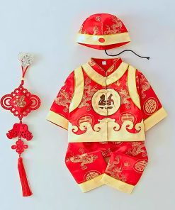 Bộ đồ tết cho bé trai dài tay kèm nón vải gấm đỏ dành cho bé dưới 3 tuổi SE134