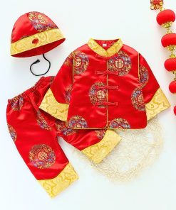 Bộ đồ tết cho bé trai dưới 14kg gấm đỏ truyền thống set dài tay kèm nón SE170