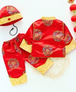 Bộ đồ tết cho bé trai dưới 14kg gấm đỏ truyền thống set dài tay kèm nón SE170