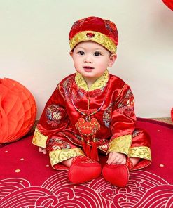 Bộ đồ tết cho bé trai dưới 14kg gấm đỏ truyền thống set dài tay kèm nón SE170