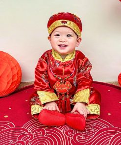 Bộ đồ tết cho bé trai dưới 14kg gấm đỏ truyền thống set dài tay kèm nón SE170