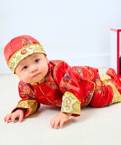 Bộ đồ tết cho bé trai dưới 14kg gấm đỏ truyền thống set dài tay kèm nón SE170