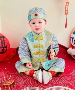 Bộ đồ tết cho bé trai dưới 3 tuổi SE178, gấm lụa mềm kèm nón