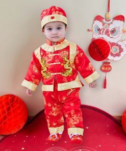 Bộ đồ tết cho bé trai sơ sinh kèm nón dưới 3 tuổi gấm lụa đỏ thêu rồng SE135