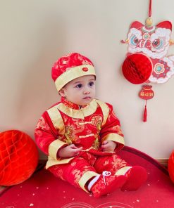 Bộ đồ tết cho bé trai sơ sinh kèm nón dưới 3 tuổi gấm lụa đỏ thêu rồng SE135