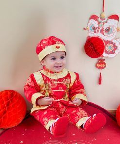 Bộ đồ tết cho bé trai sơ sinh kèm nón dưới 3 tuổi gấm lụa đỏ thêu rồng SE135