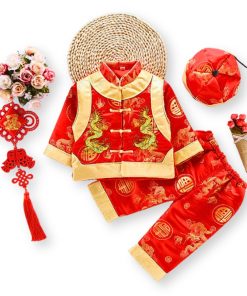 Bộ đồ tết cho bé trai sơ sinh kèm nón dưới 3 tuổi gấm lụa đỏ thêu rồng SE135