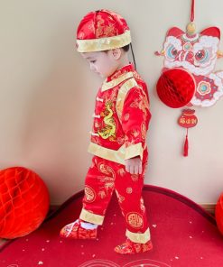 Bộ đồ tết cho bé trai sơ sinh kèm nón dưới 3 tuổi gấm lụa đỏ thêu rồng SE135