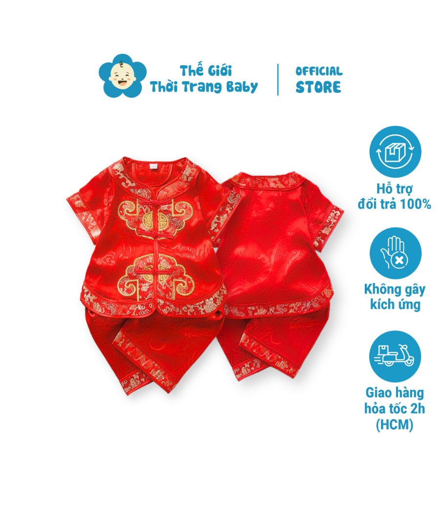 Bộ mặc tết cho bé trai dưới 3 tuổi SE137 ngắn tay vải lụa gấm đỏ