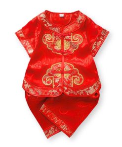 Bộ mặc tết cho bé trai dưới 3 tuổi SE137 ngắn tay vải lụa gấm đỏ