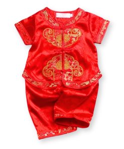 Bộ mặc tết cho bé trai dưới 3 tuổi SE137 ngắn tay vải lụa gấm đỏ