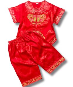 Bộ mặc tết cho bé trai dưới 3 tuổi SE137 ngắn tay vải lụa gấm đỏ