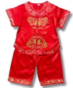 Bộ mặc tết cho bé trai dưới 3 tuổi SE137 ngắn tay vải lụa gấm đỏ