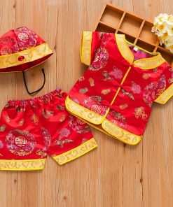 Bộ quần áo tết cho bé trai SE173-Đ2 dưới 3 tuổi ngắn tay kèm nón gấm dệt vân mây