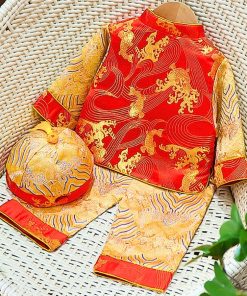 Bộ tết cho bé trai cao cấp SE181 set đồ gấm hoa văn kèm nón có lót dưới 14kg