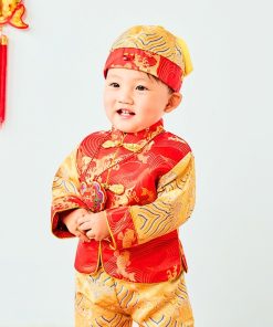 Bộ tết cho bé trai cao cấp SE181 set đồ gấm hoa văn kèm nón có lót dưới 14kg