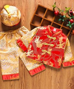 Bộ tết cho bé trai cao cấp SE181 set đồ gấm hoa văn kèm nón có lót dưới 14kg