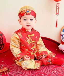 Bộ tết cho bé trai cao cấp SE181 set đồ gấm hoa văn kèm nón có lót dưới 14kg