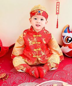 Bộ tết cho bé trai cao cấp SE181 set đồ gấm hoa văn kèm nón có lót dưới 14kg